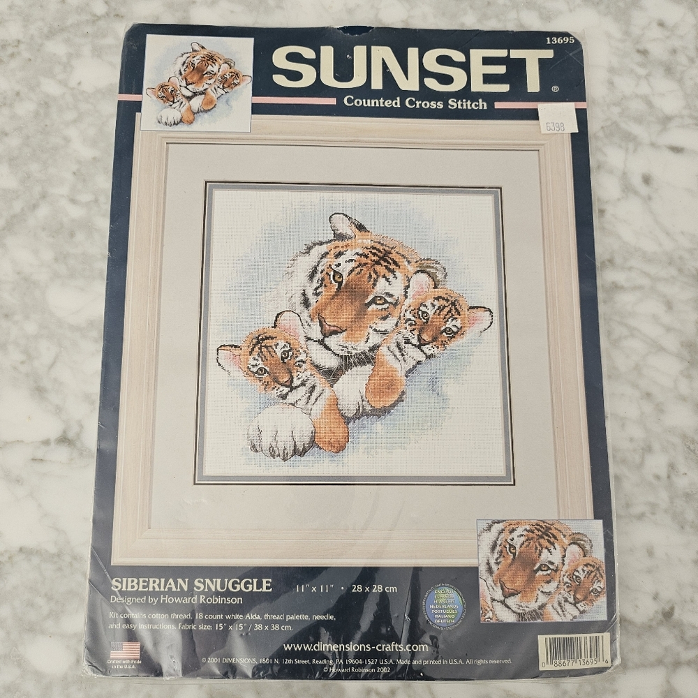 Vtg Siberian Snuggle Tiger and cubs Dimensions Sunset Cross stitch kit 13695